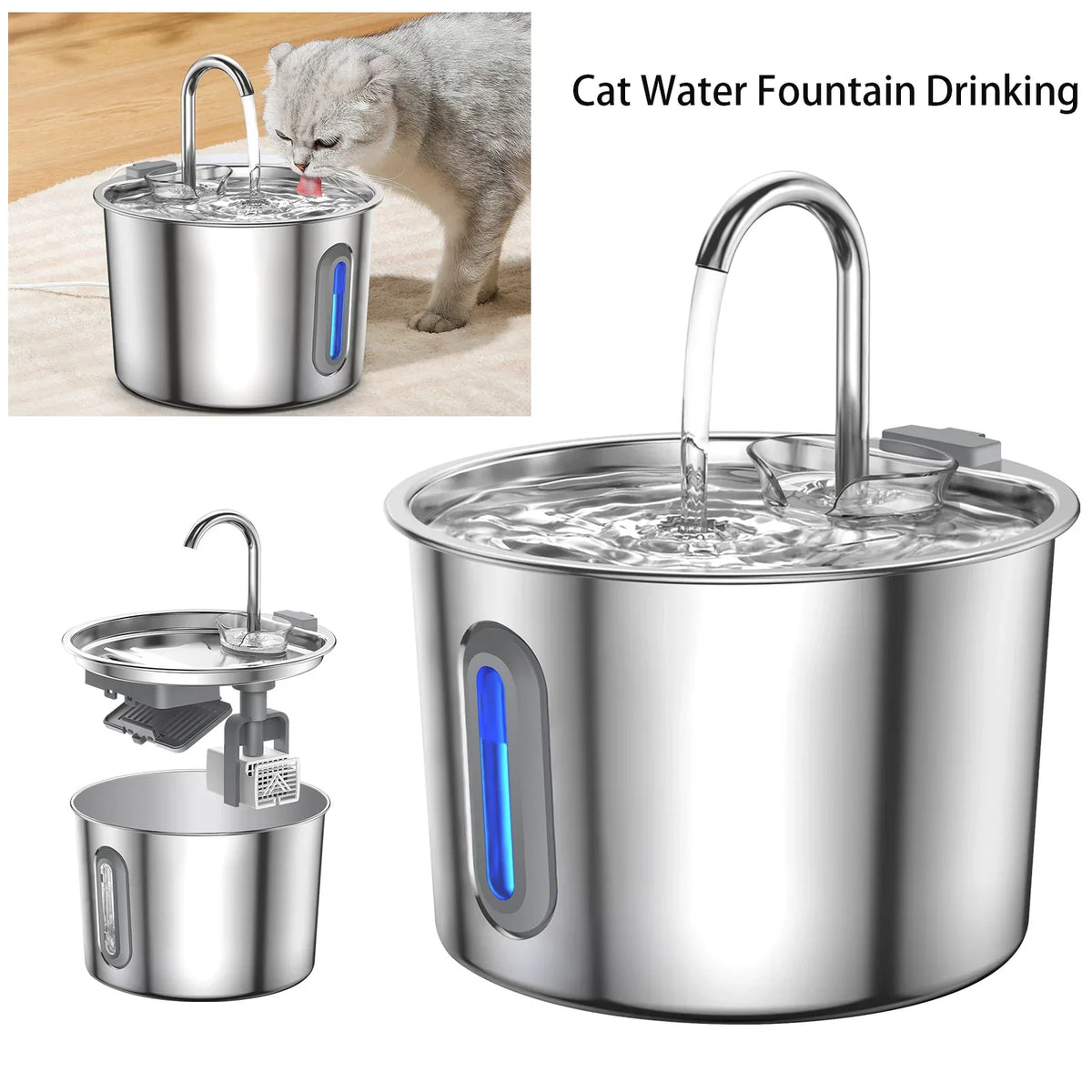 Fontaine à Eau Silencieuse en Inox pour chiens et chats