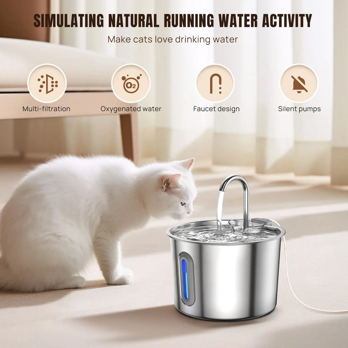 Fontaine à Eau Silencieuse en Inox pour chiens et chats